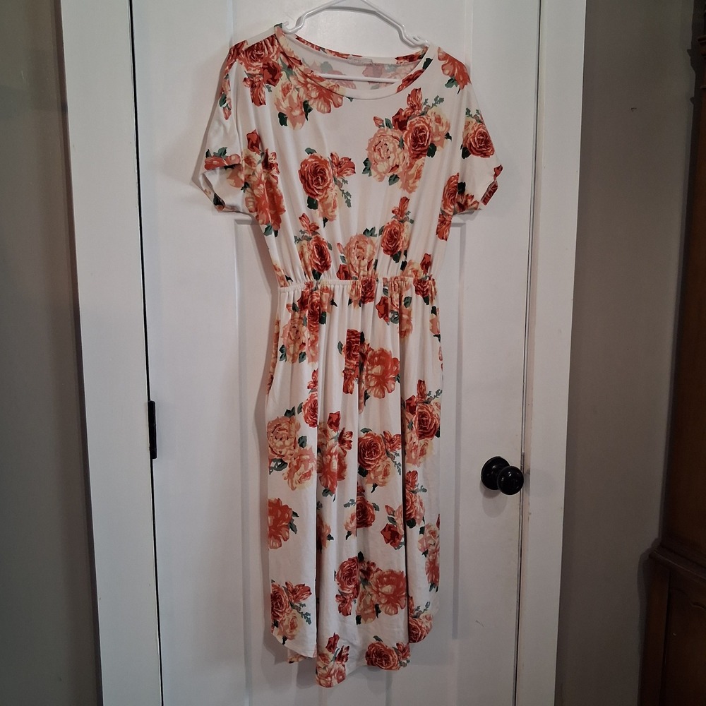 Reb & J. Midi Dress Women M White Floral Short Sleeve Pocket Casual Boho Summer